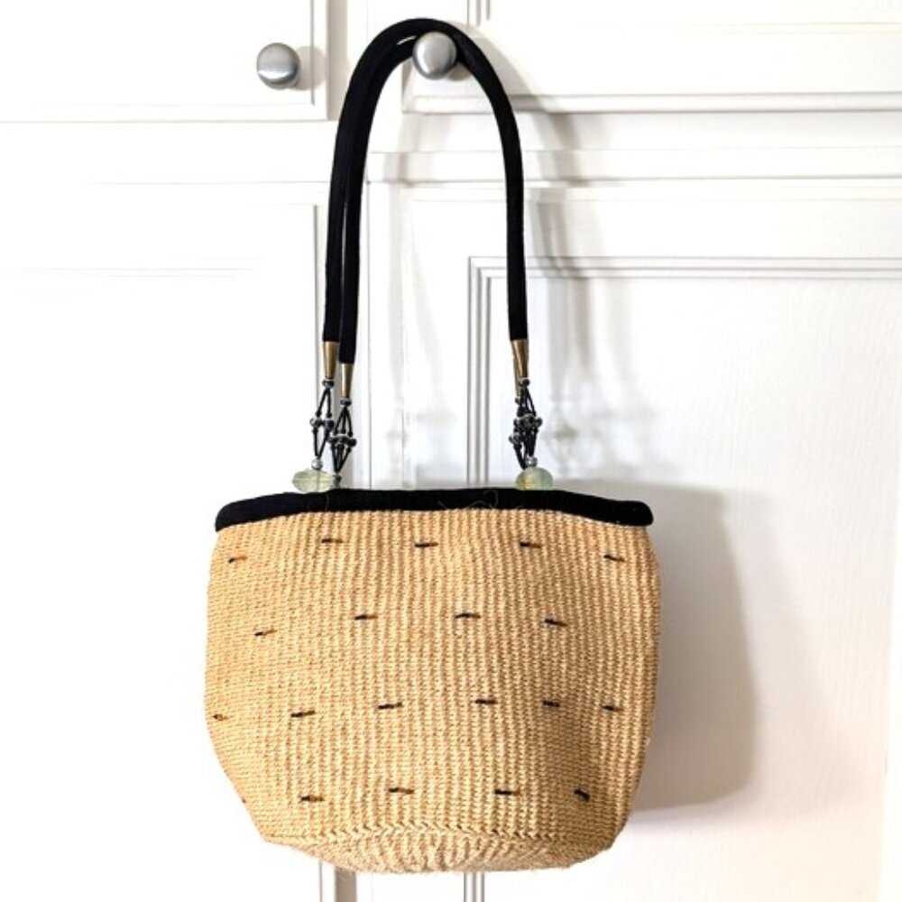 Raffia Woven Bucket Shoulder Bag Beaded Detail Beachy 9"Lx 8"Hx8"D